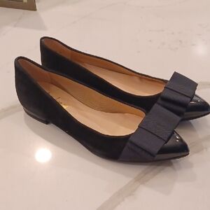 French Sole Black Suede Flats with Bow